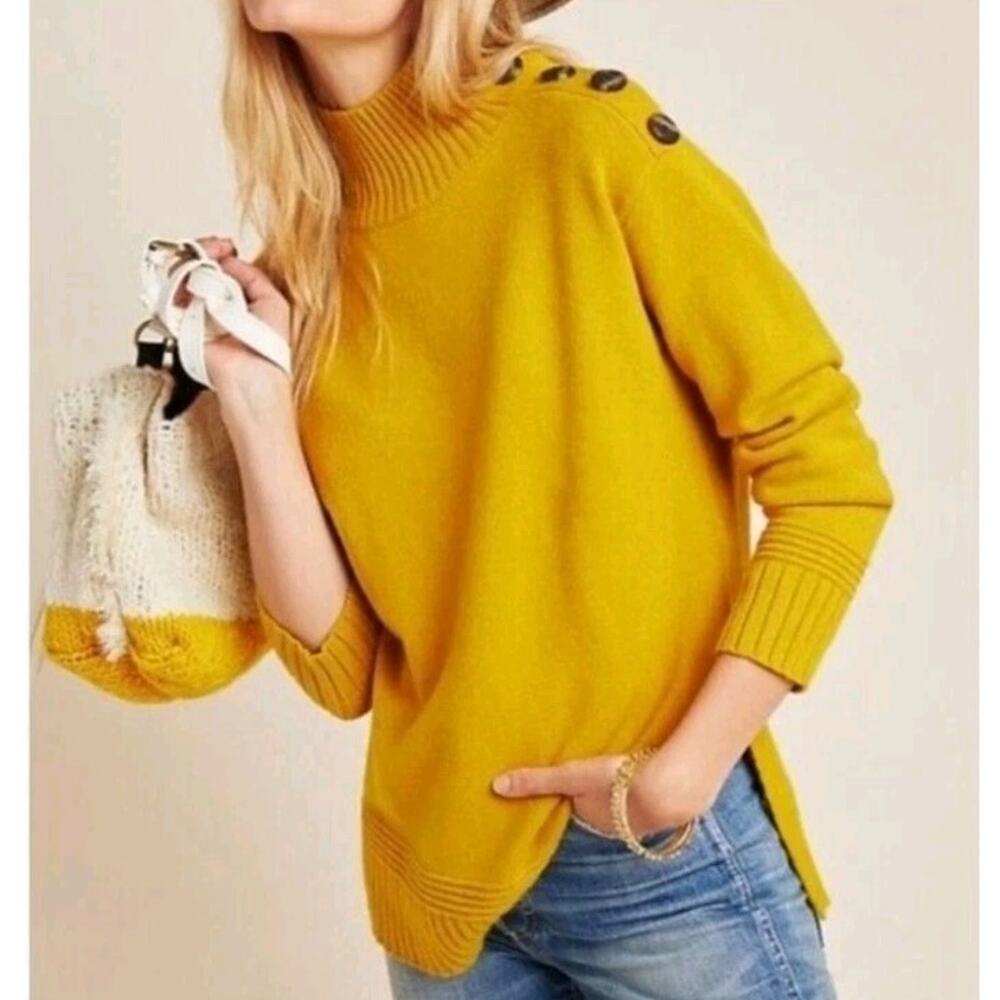 Anthropologie Women's Mustard Yellow Button Shoulder Pull Over Sweater Shirt S